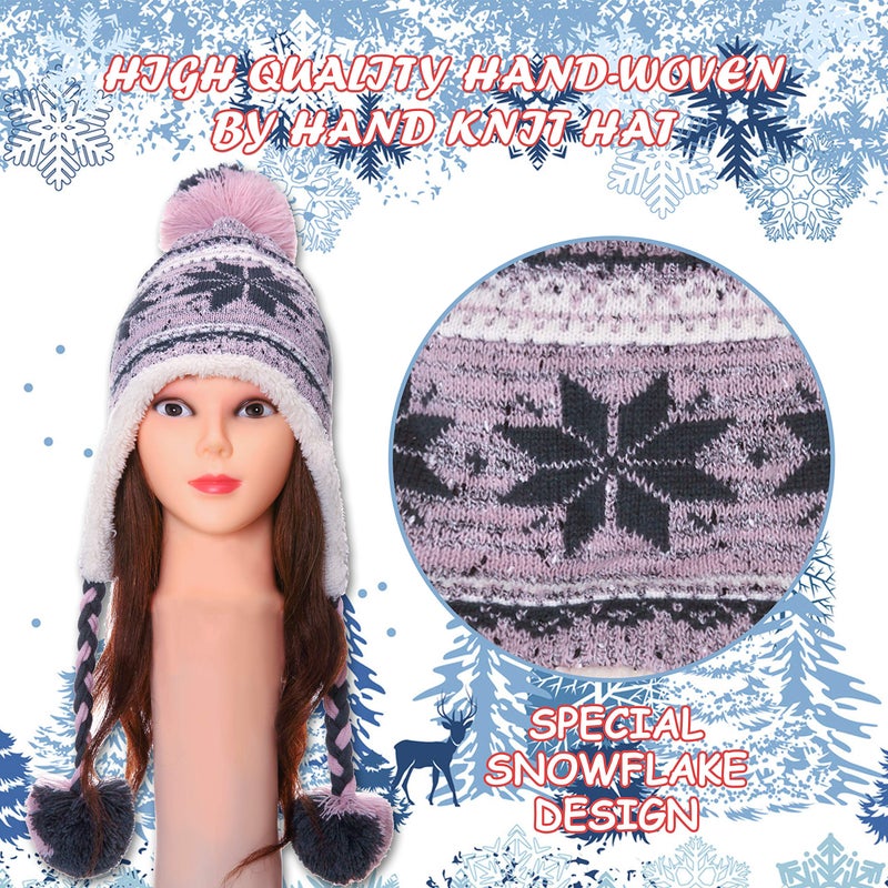 Dosoni Winter Hats for Women Knit Beanie Soft Warm Fleece Lined Long Ear Straps Snow Ski Cap with Pompom Pink - Image 4